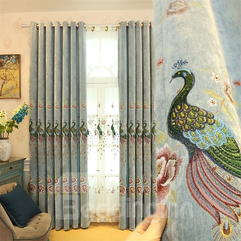 Customizable Two - Panel Creative Living Room Curtains with Embroidered Light Green Peacocks