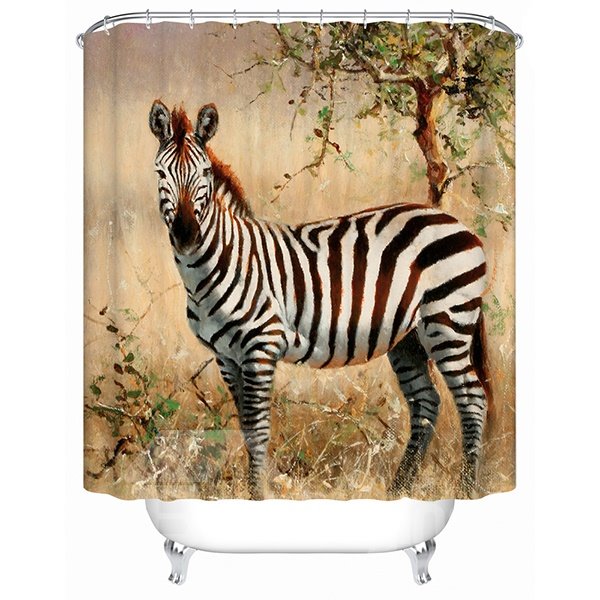 3D Bathroom Shower Curtain with a Zebra Gazing Print Design