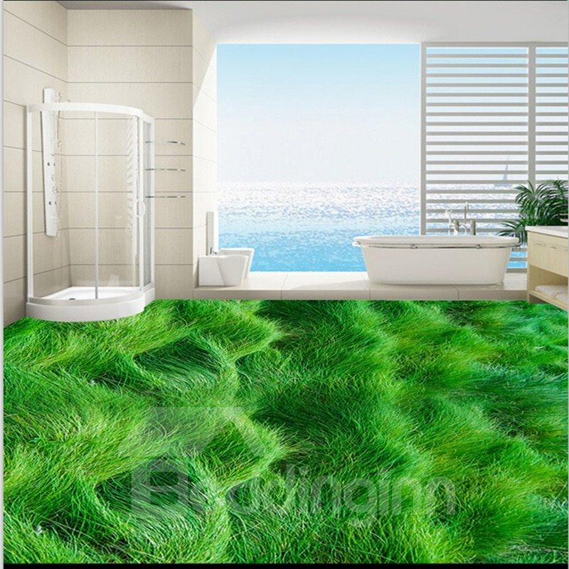 Incredible Waterproof 3D Bathroom Floor Murals Featuring Waving Grassland Design