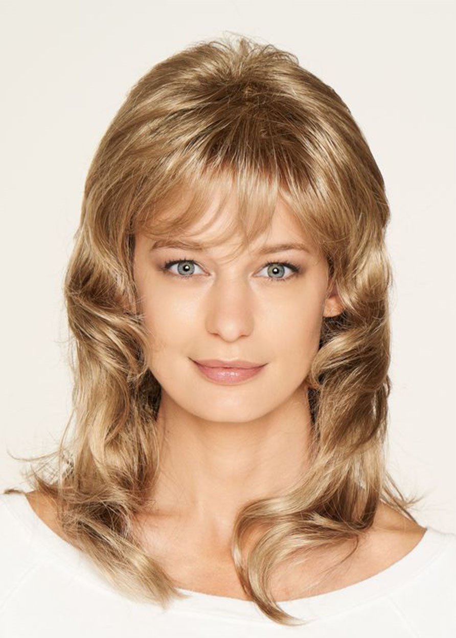 18 Inches 120% Heat Resistant Human Hair Loose Wave Lace Front Cap Wigs with Natural Bangs for Daily Wear, Party, and Cosplay, Comes with Free Wig Cap
